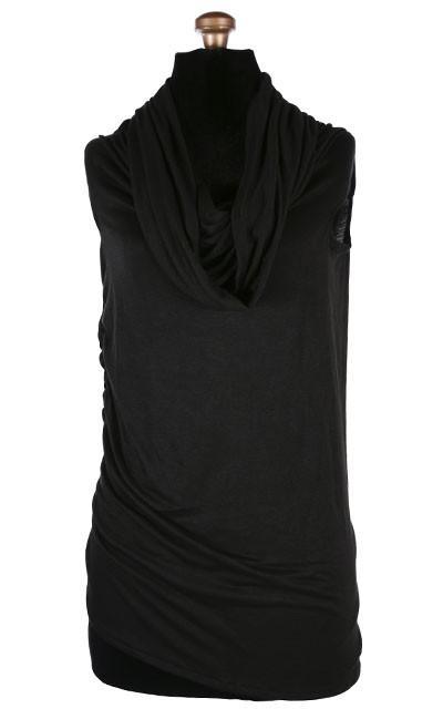 Product Shot of the Hooded Cowl Top a This top can be worn as a cowl neck, off-shoulder, or hooded style. | Abyss a alight weight jersey knit in black | Handmade in Seattle WA | Pandemonium Millinery
