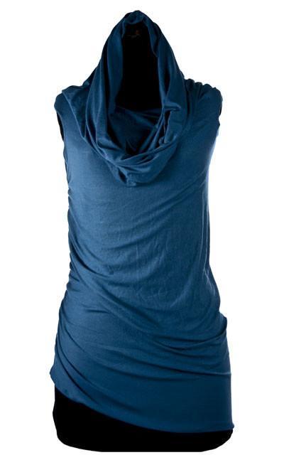 Product shot of Hooded Cowl Top a This top can be worn as a cowl neck, off-shoulder, or hooded style. | Blue Moon a lightweight jersey knit | Handmade in Seattle WA | Pandemonium Millinery