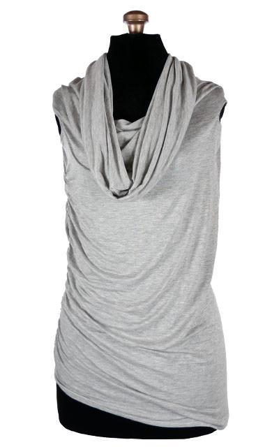 Hooded Cowl Top a This top can be worn as a cowl neck, off-shoulder, or hooded style. | Silvery Moon a lightweight Light Gray jersey knit | Handmade in Seattle WA | Pandemonium Millinery