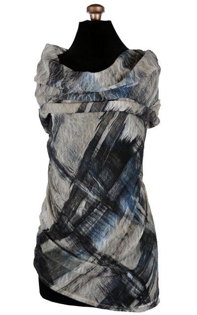 Product shot of Hooded Cowl Top a This top can be worn as a cowl neck, off-shoulder, or hooded style. | Lovely lace in Blue a lightweight lace with a black blue and tan plaid | Handmade in Seattle WA | Pandemonium Millinery