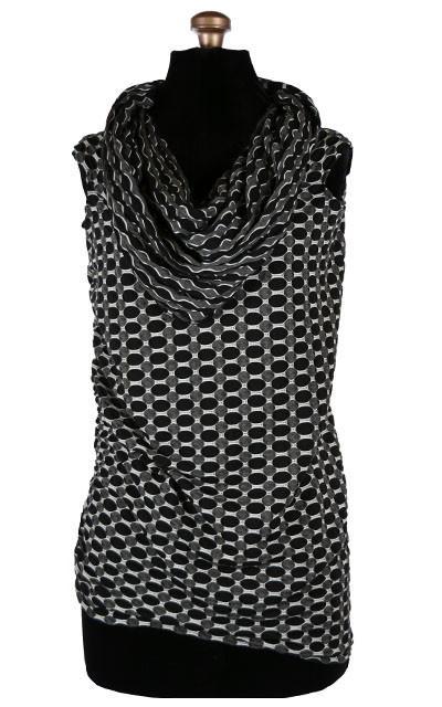 Product shot of Hooded Cowl Top a This top can be worn as a cowl neck, off-shoulder, or hooded style. | Solar Eclipse a medium  weight Textured Jersy knit of black, gray | Handmade in Seattle WA | Pandemonium Millinery
