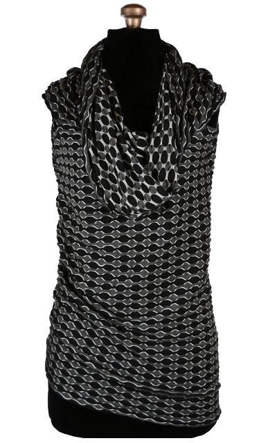 Product shot of Hooded Cowl Top a This top can be worn as a cowl neck, off-shoulder, or hooded style. | Lunar Eclipse a medium  weight Textured Jersy knit of black, gray | Handmade in Seattle WA | Pandemonium Millinery