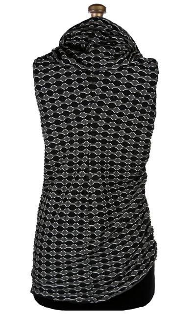 Back View of Product shot of Hooded Cowl Top a This top can be worn as a cowl neck, off-shoulder, or hooded style. | Lunar Eclipse a medium  weight Textured Jersy knit of black, gray | Handmade in Seattle WA | Pandemonium Millinery