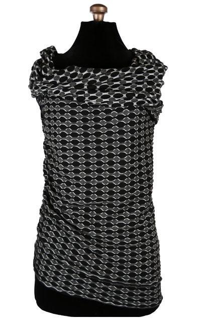 Product shot of Hooded Cowl Top a This top can be worn as a cowl neck, off-shoulder, or hooded style. | Lunar Eclipse a medium  weight Textured Jersy knit of black, gray | Handmade in Seattle WA | Pandemonium Millinery