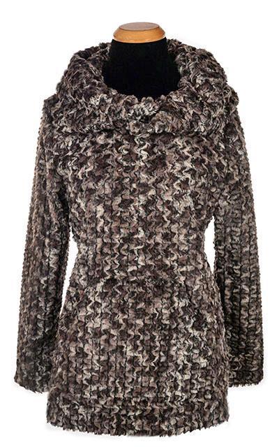 Hoody Lounger shown with Hood Up | Luxury Faux Fur in Calico, Brown and Cream | Handmade By Pandemonium Millinery | Seattle WA USA