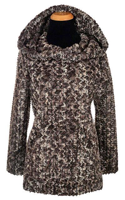 Hoody Lounger shown with Hood Up | Luxury Faux Fur in Calico, Brown and Cream | Handmade By Pandemonium Millinery | Seattle WA USA