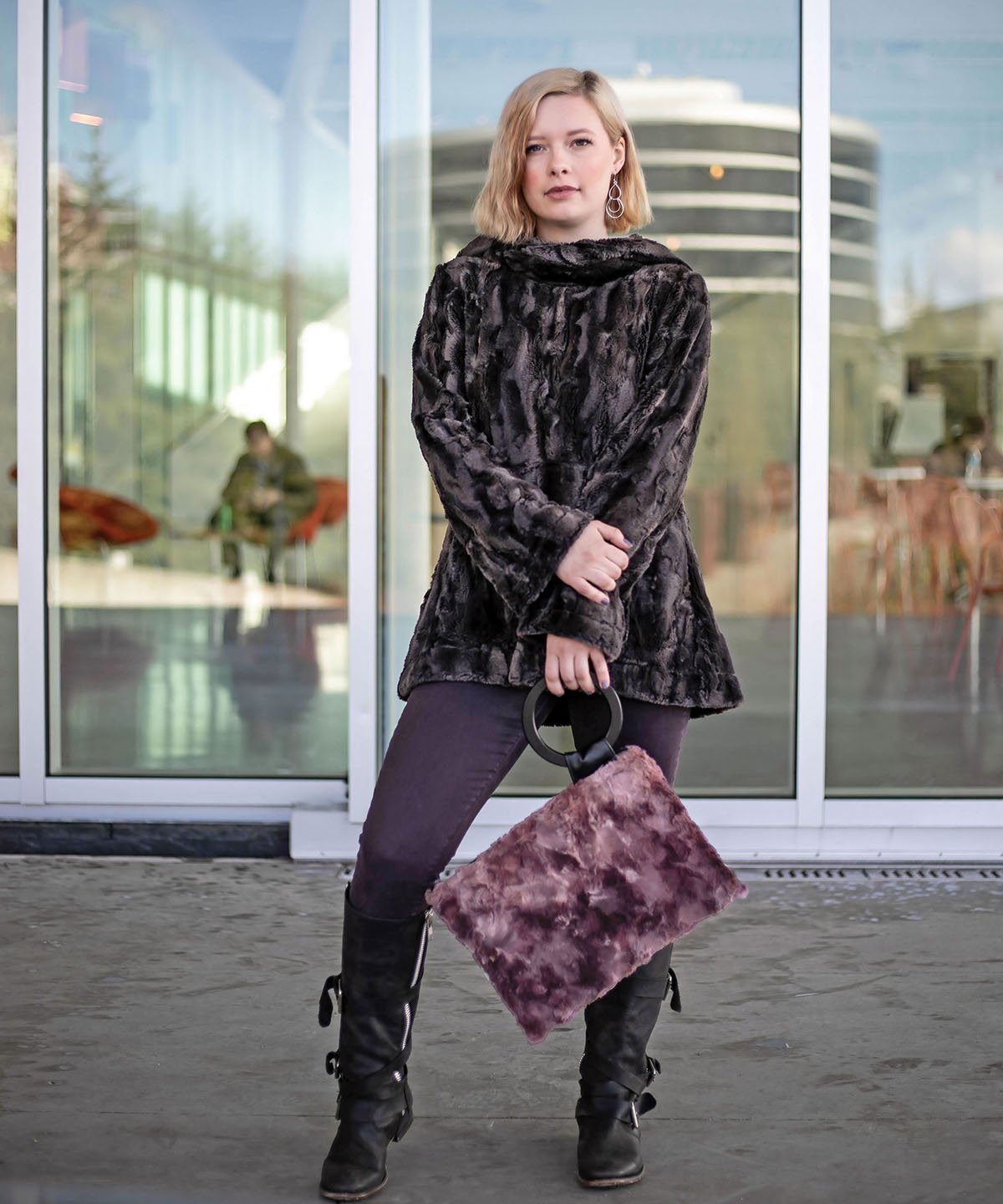 Hoody Lounger shown on Model standing in front of a window| Luxury Faux Fur in Espresso Bean Faux Fur | Handmade By Pandemonium Millinery | Seattle WA USA