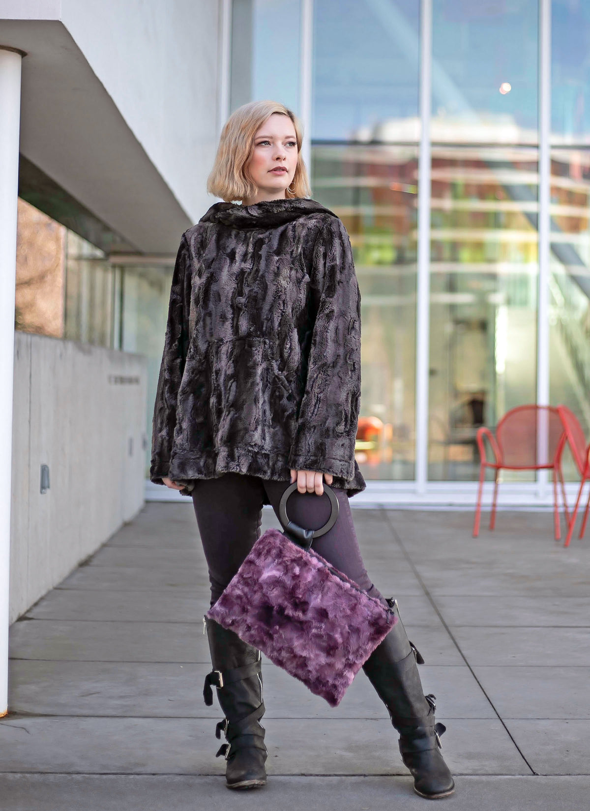 Hoody Lounger shown on Model |  Luxury Faux  Fur in Espresso Bean Faux  Fur | Handmade By Pandemonium Millinery | Seattle WA USA