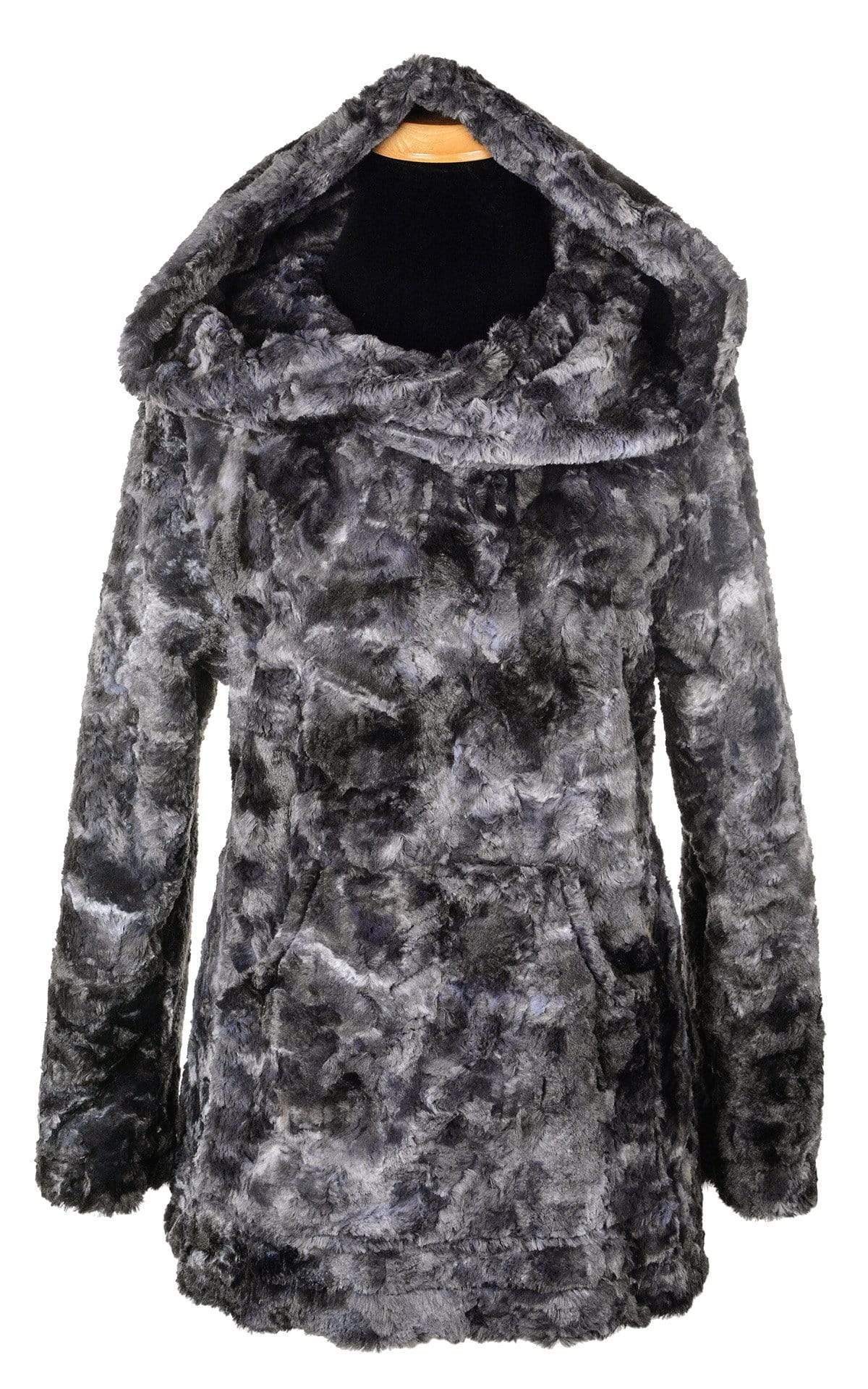 Hoody Lounger | Luxury Faux  Fur in Highland Skye Faux Fur, Denim and Gray Tie Dye | Handmade By Pandemonium Millinery | Seattle WA USA
