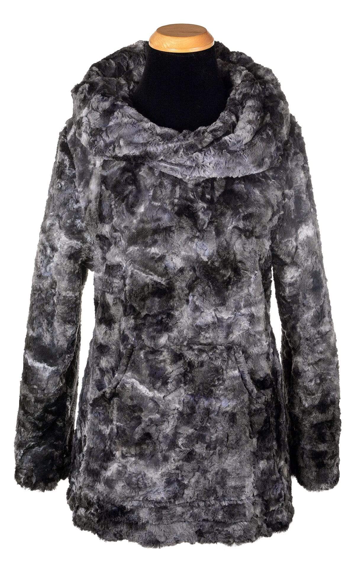 Hoody Lounger | Luxury Faux  Fur in Highland Skye Faux Fur, Denim and Gray Tie Dye | Handmade By Pandemonium Millinery | Seattle WA USA