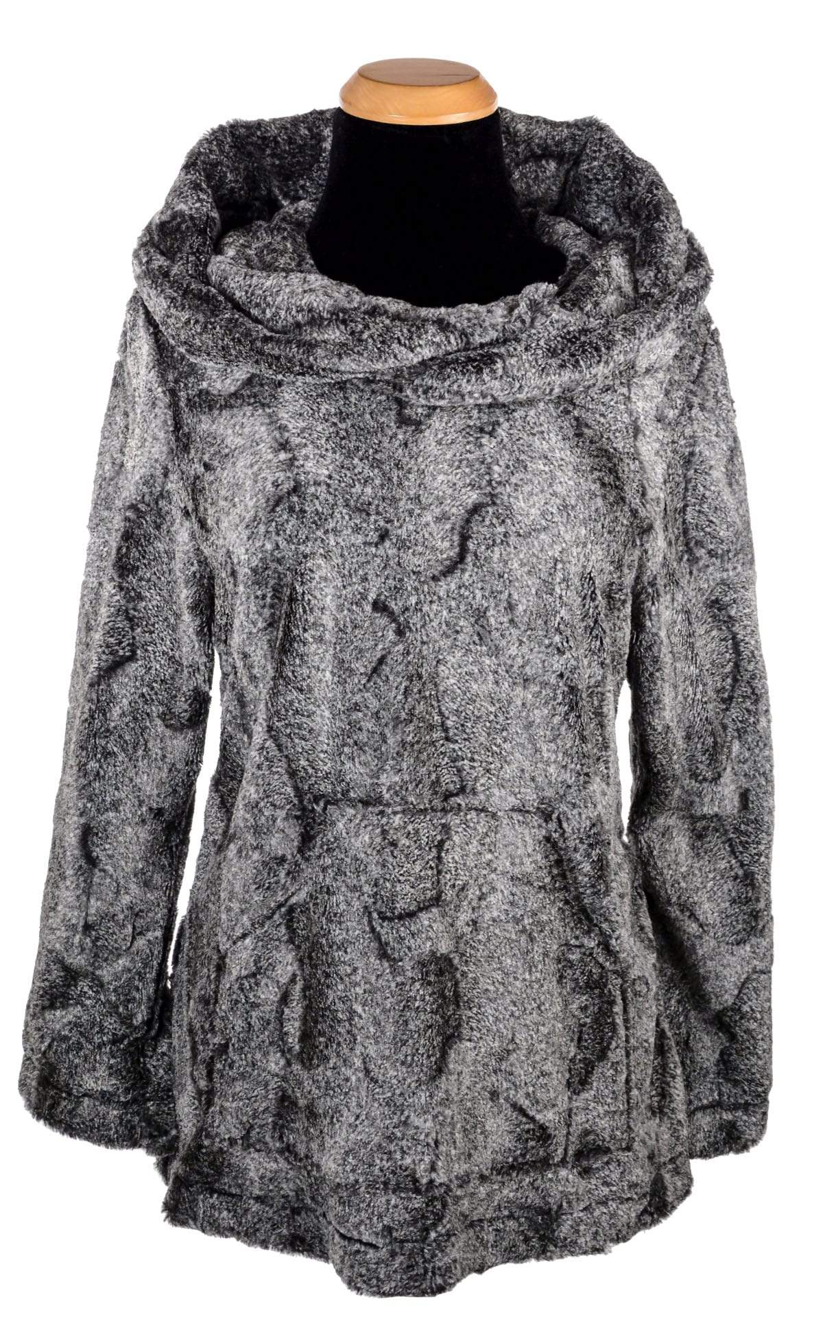 Product shot of  the Pandemonium Hooded Lounger in color Nimbus Grey, with the hood down. Made in Seattle, WA, USA