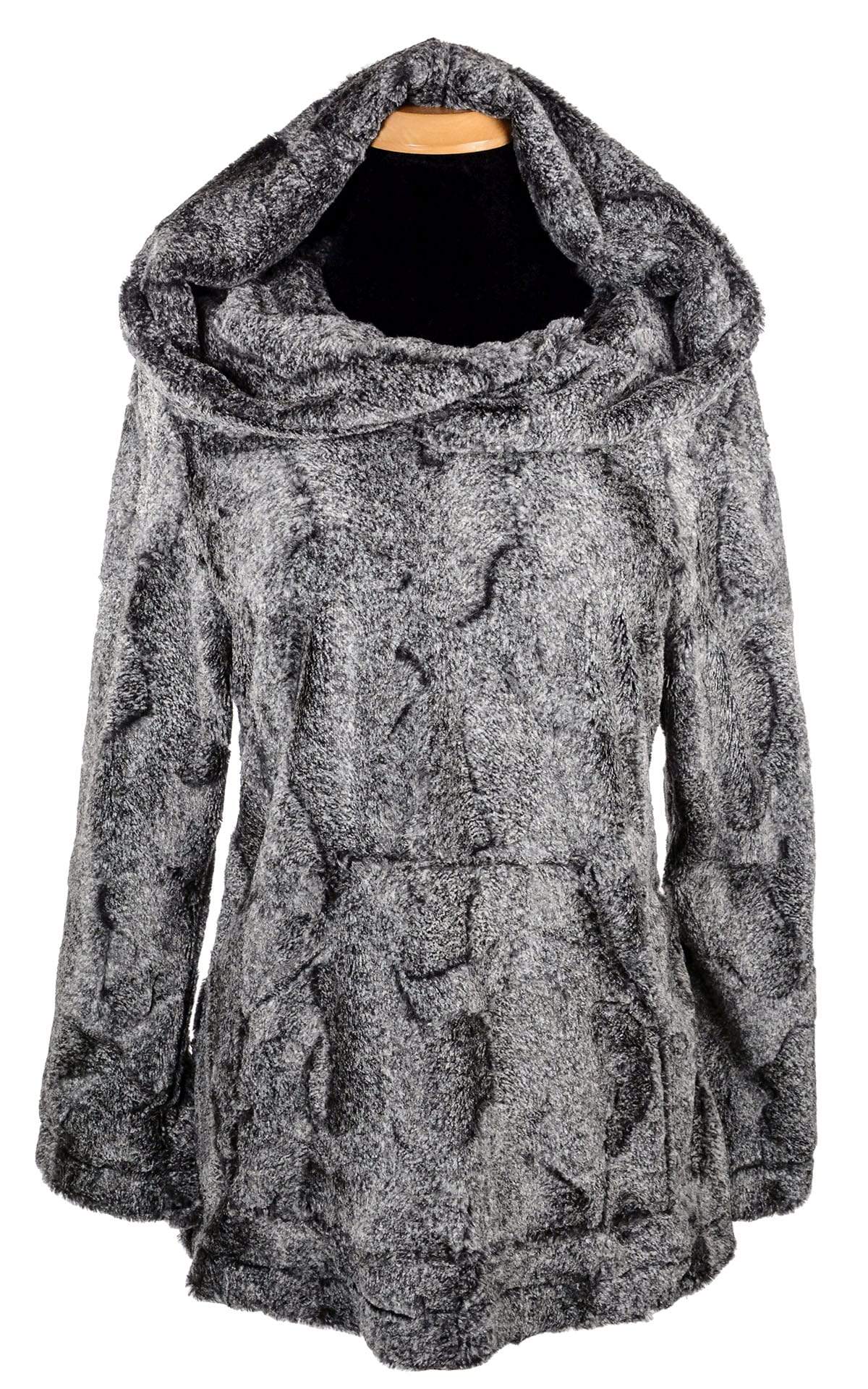 Product shot of the Pandemonium Hooded Lounger in color Nimbus Grey, with the hood up. Made in Seattle, WA, USA