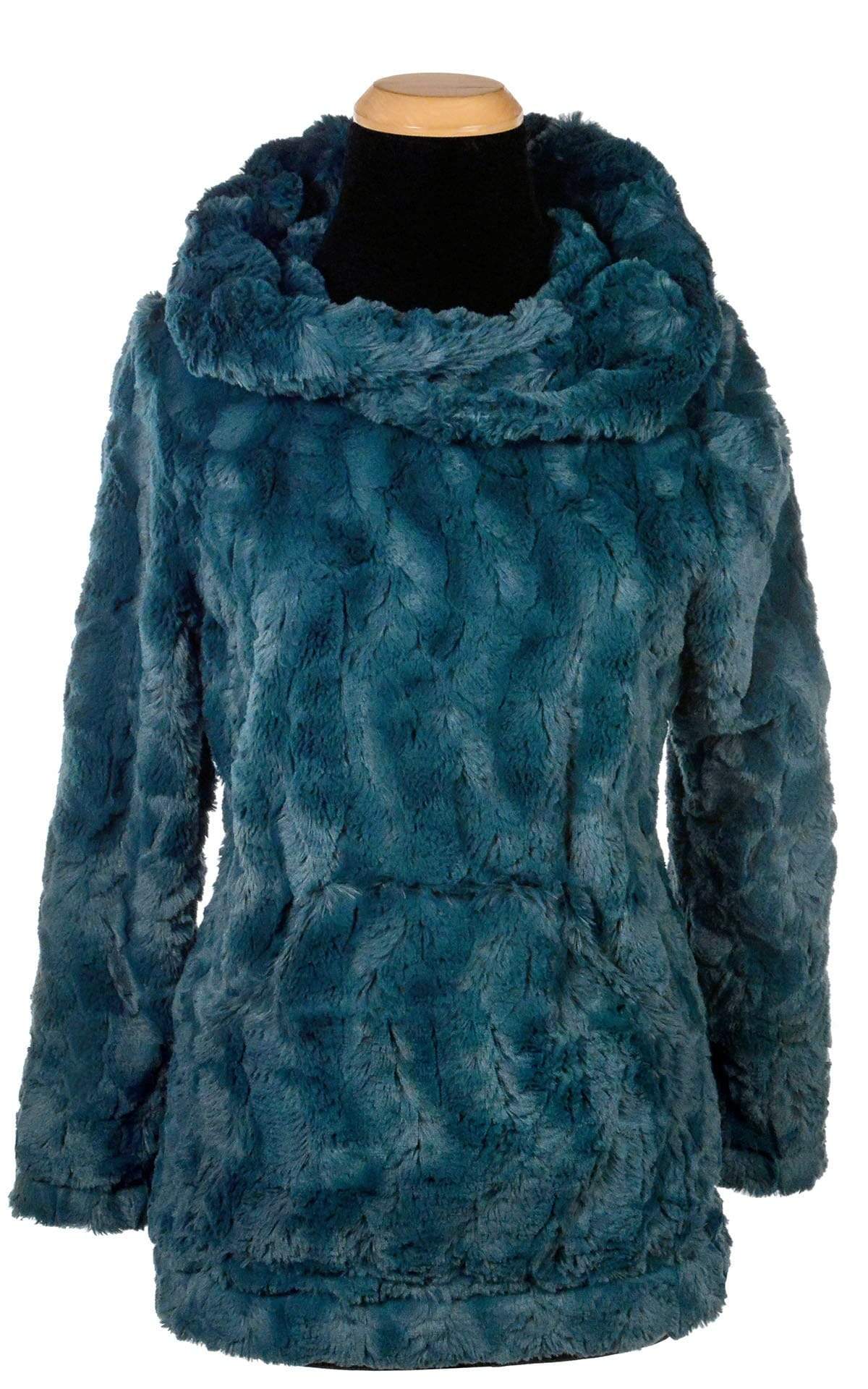 Hooded Lounger with Hood Down | Peacock Pond Faux Fur | Pandemonium Millinery USA