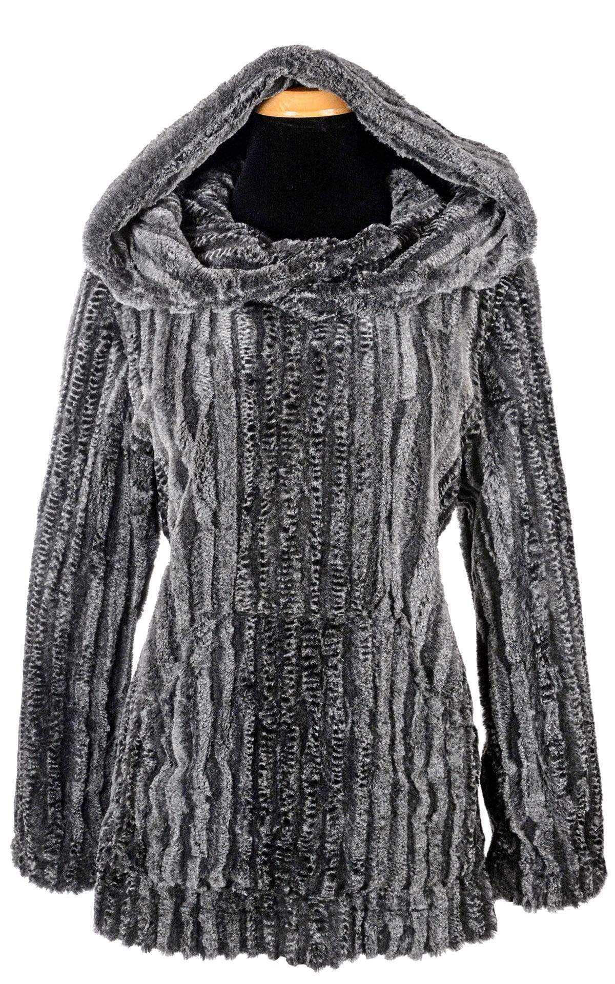 Hoody Lounger with hood up | Luxury Faux Fur in Rattle N Shake  Black Grayish Snake print Faux Fur | Handmade By Pandemonium Millinery | Seattle WA