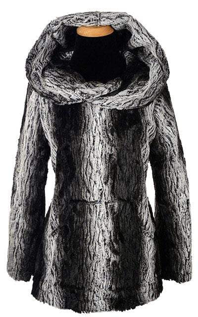 Hoody Lounger shown on a Mannequin with hood up | Luxury Faux Fur in Smouldering Sequoia, Black and White Vertical Stripes | Handmade By Pandemonium Millinery | Seattle WA USA