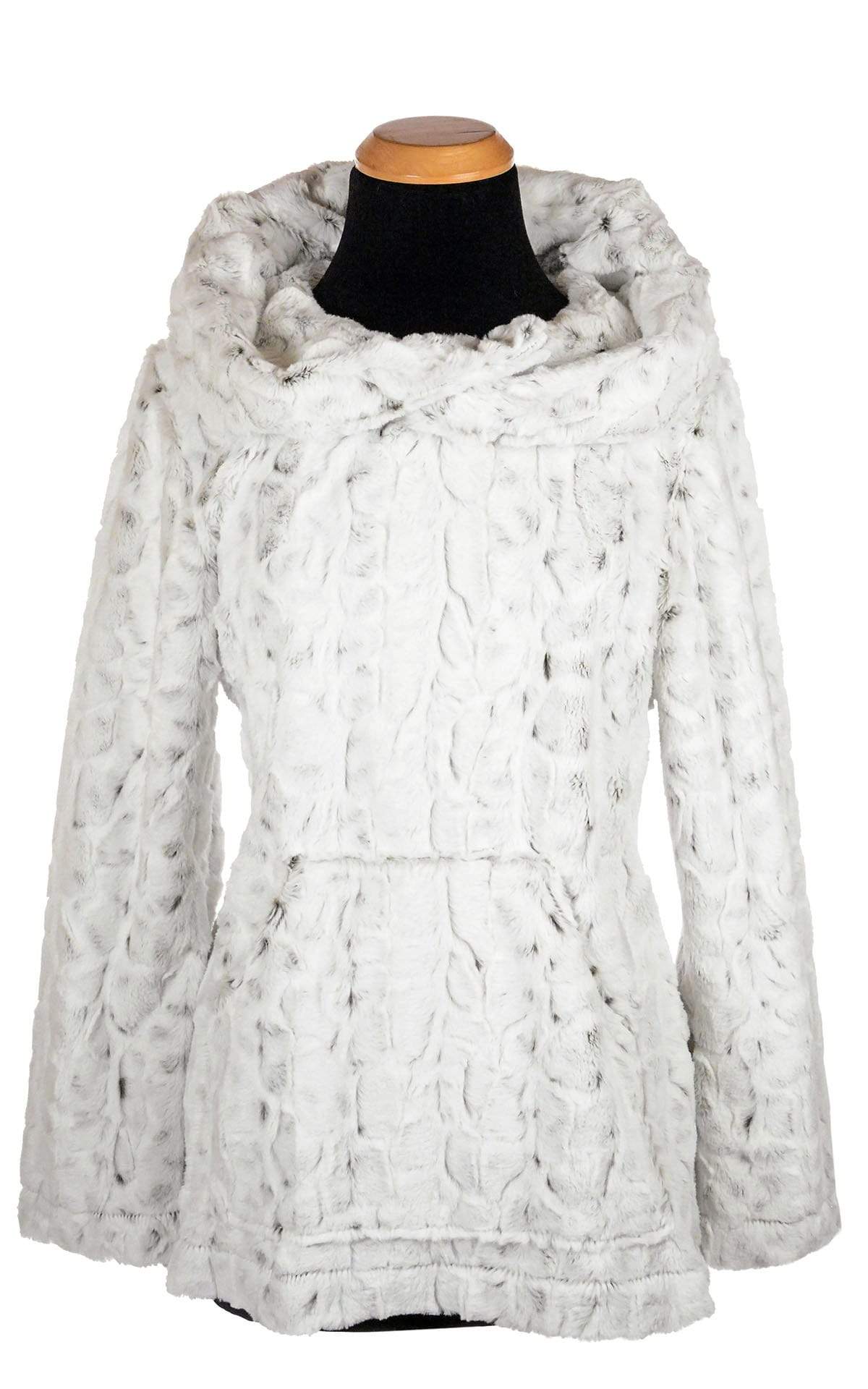 Hoody Lounger with hood up | Luxury Faux Fur in Winter Frost Faux Fur white with faint Black spots | Handmade By Pandemonium Millinery | Seattle WA