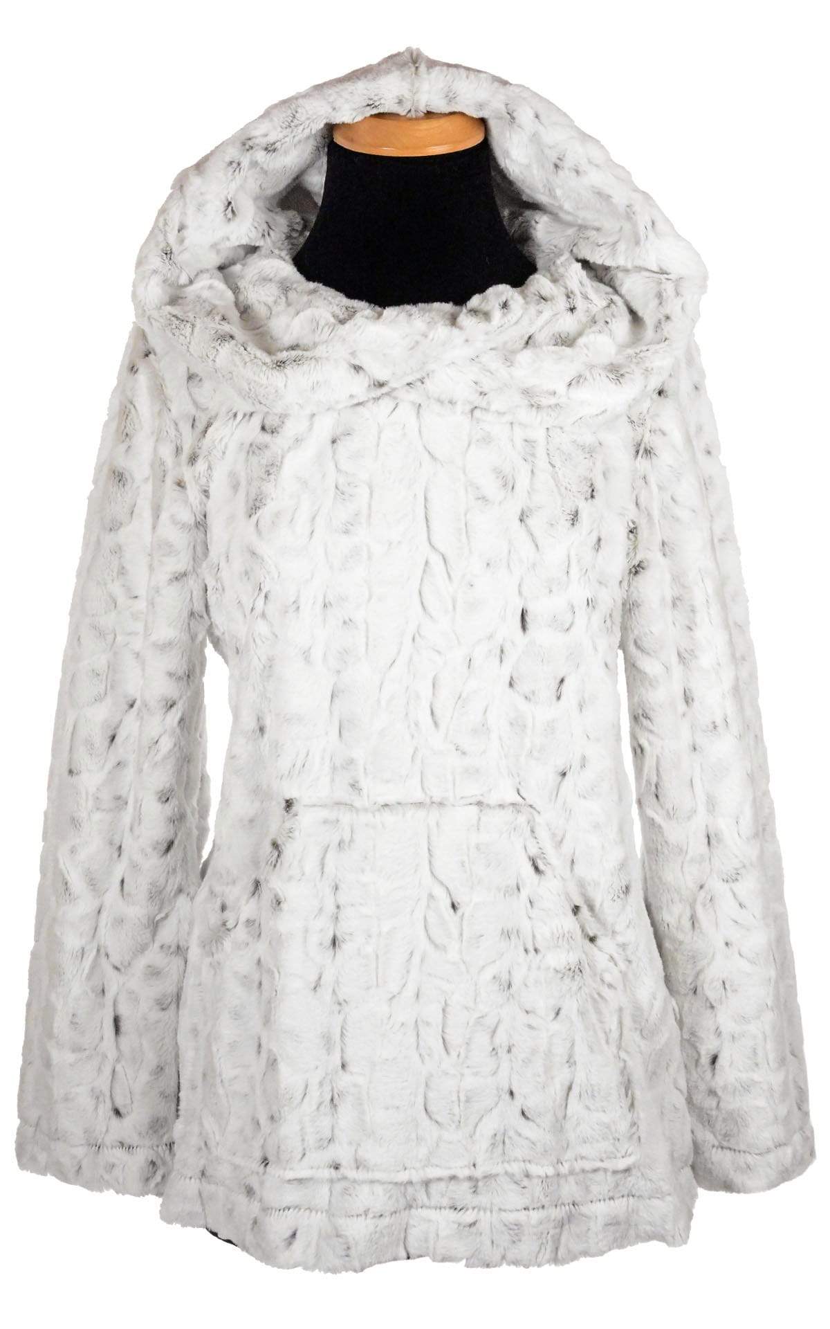 Hoody Lounger with hood up | Luxury Faux Fur in Winter Frost Faux Fur white with faint Black spots | Handmade By Pandemonium Millinery | Seattle WA