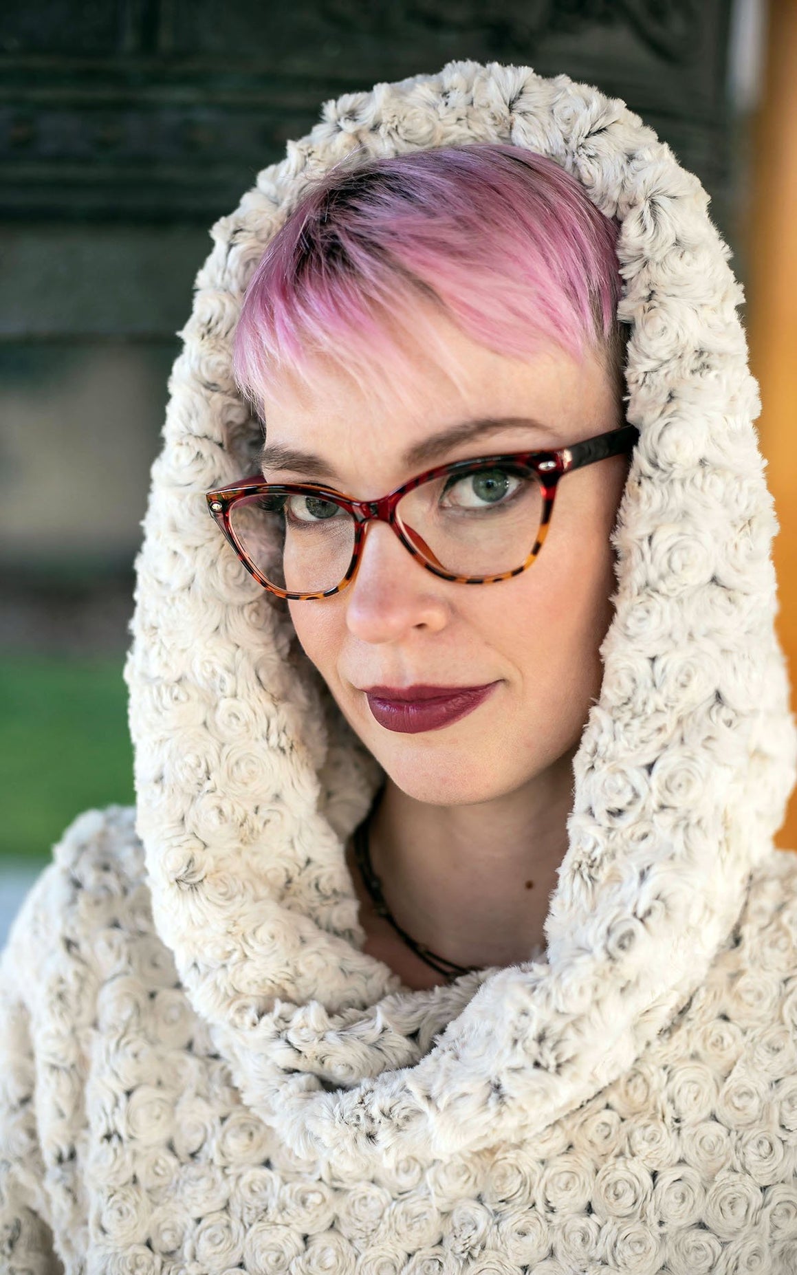 Hooded Lounger Rosebud Faux Fur in Brown Close Up Model Shot | Handmade in Seattle WA USA | Pandemonium Millinery
