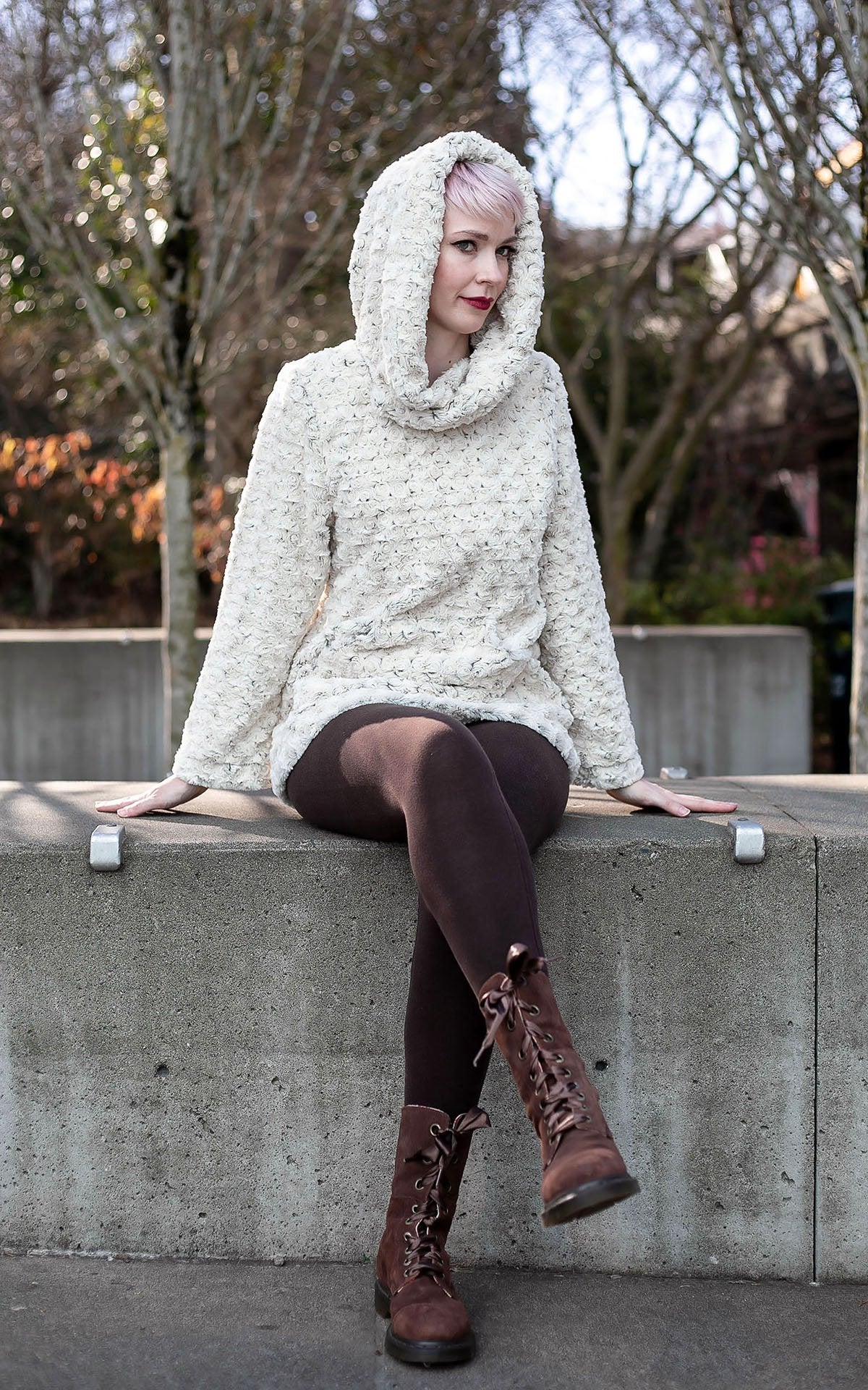 Hooded Lounger Rosebud Faux Fur in Brown Model Shot | Handmade in Seattle WA USA | Pandemonium Millinery