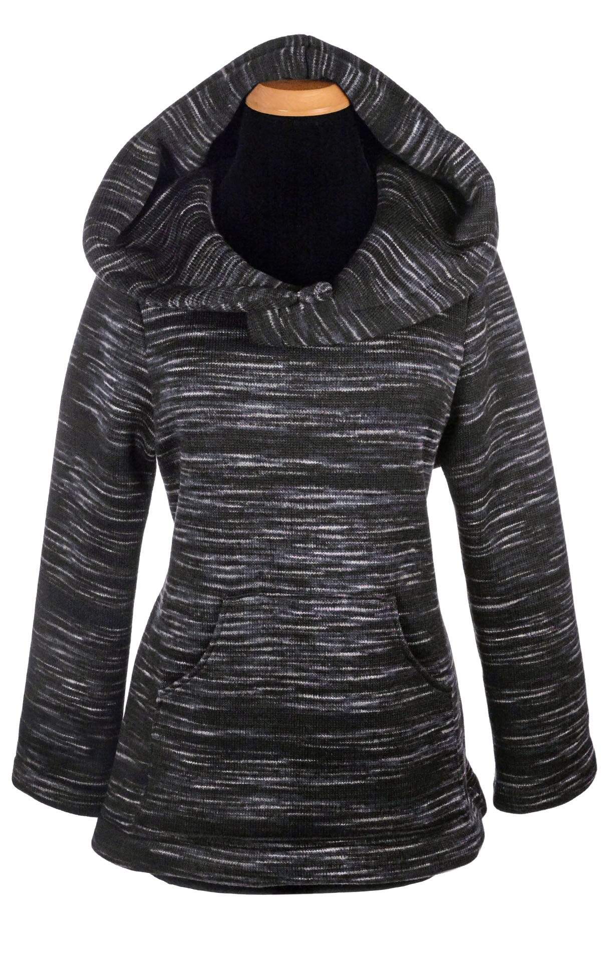 Front view of Hooded Lounger in plush, soft knit. Color is Blackberry Cobbler-Sweet Stripes. Shown with hood down. Made in Seattle, WA, USA.