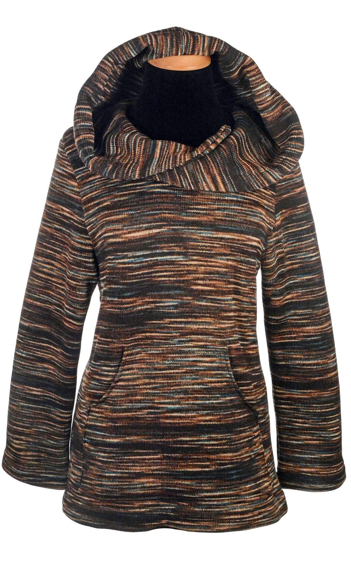 Front view of Hooded Lounger in plush, soft knit. Color is English Toffee-Sweet Stripes. Shown with hood down. Made in Seattle, WA, USA.