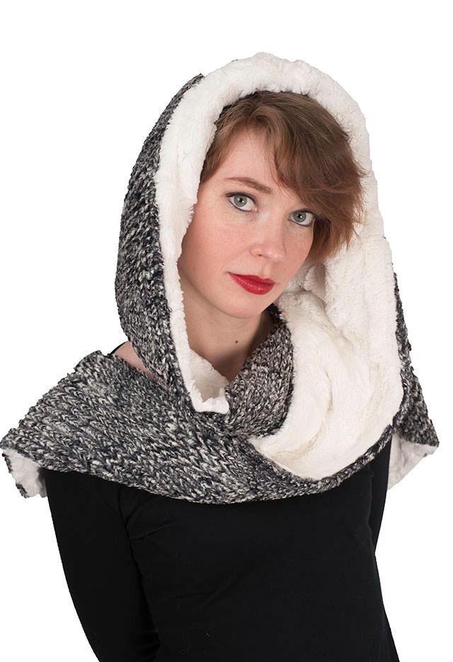 Model wearing Two-Tone Hooded Scarf | Cozy Cable Blacks and Ivory with Cuddly Fur in Ivory Faux Fur, shown in reverse | Handmade in Seattle WA | Pandemonium Millinery