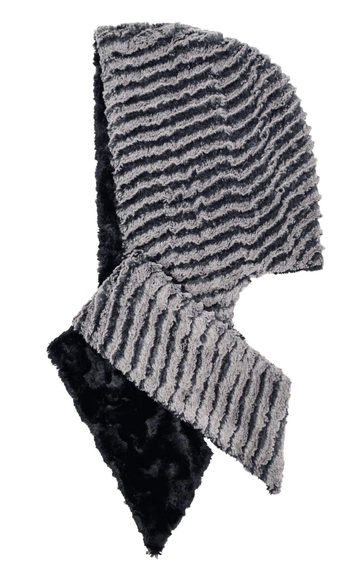 Product shot of Women’s reversible Scarf with hood | Desert sand in midnight with cuddly black Faux Fur| Handmade in Seattle WA | Pandemonium Millinery