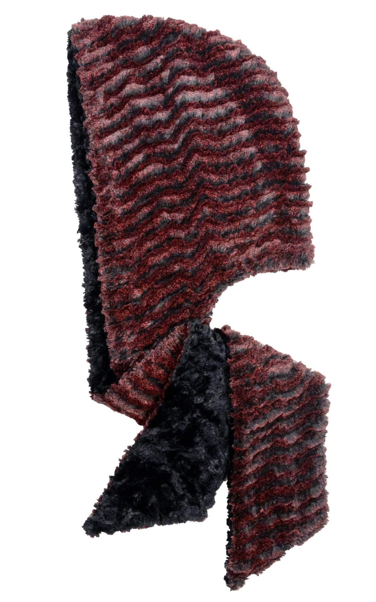Product shot of Women’s reversible Scarf with hood | Desert sand in crimson (red) with cuddly black Faux Fur | Handmade in Seattle WA | Pandemonium Millinery
