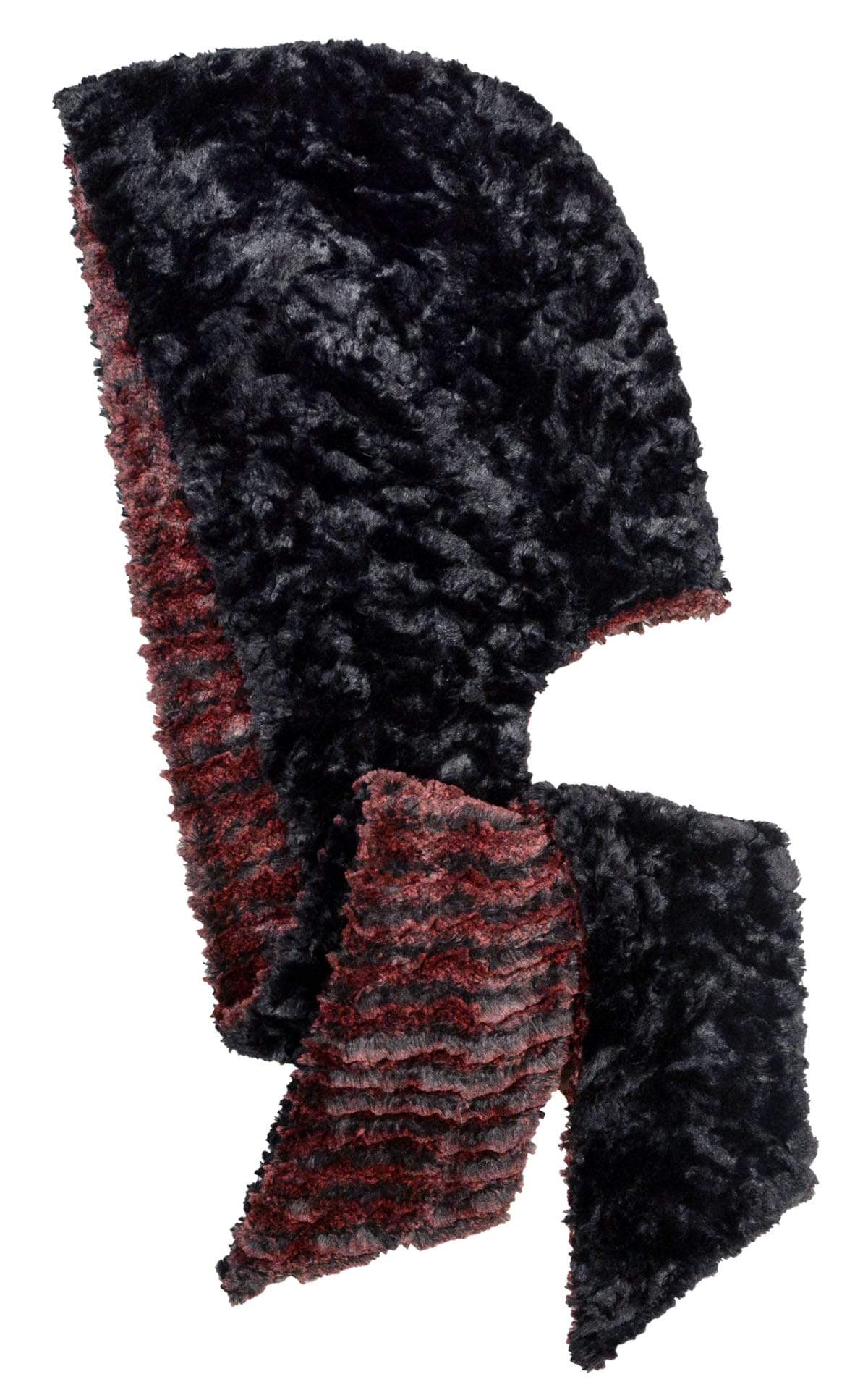 Product shot of Women’s reversible Scarf with hood | Desert sand in crimson (red) with cuddly black Faux Fur, shown in reverse | Handmade in Seattle WA | Pandemonium Millinery