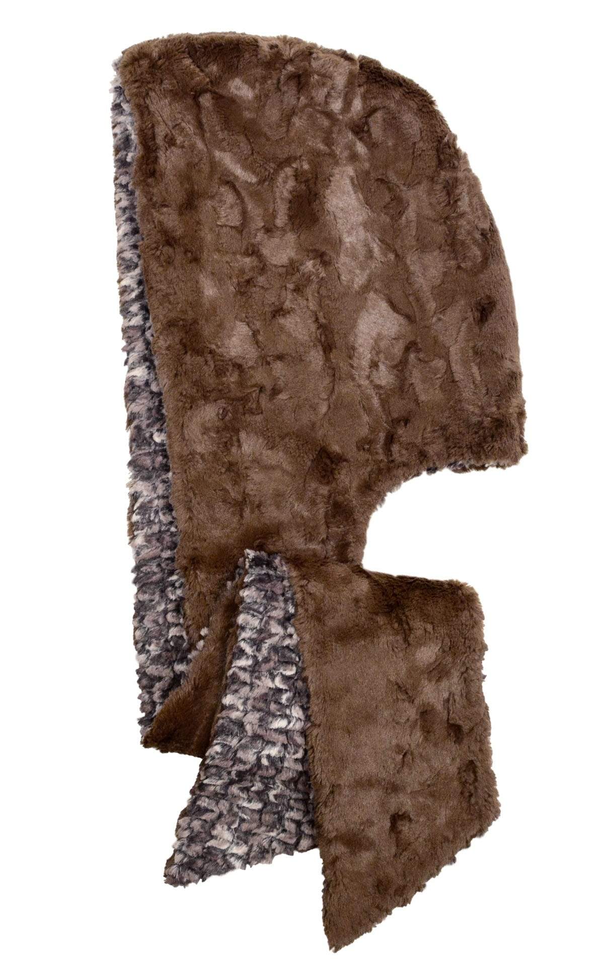 Unisex Two-Tone Hooded Scarf | Calico print of Brown, Black, and Creams  with Cuddly Fur in Chocolate Faux Fur, Shown in reverse | Handmade in Seattle WA | Pandemonium Millinery