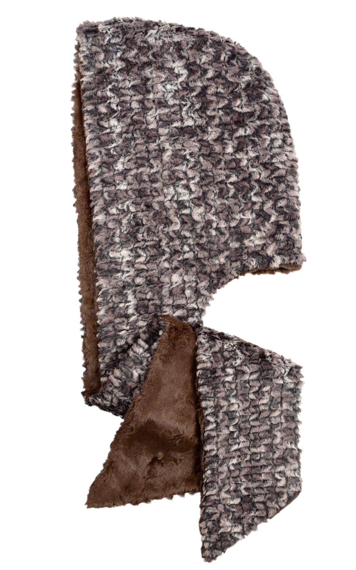 Unisex Two-Tone Hooded Scarf | Calico print of  Brown, Black and Creams  with Cuddly Fur in Chocolate Faux Fur | Handmade in Seattle WA | Pandemonium Millinery