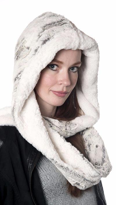 Close-up of women smiling wearing a Two-Tone Hooded Scarf | Khaki (tan/green and ivory)  faux fur with cuddly fur in Ivory Faux Fur, Shown in reverse | Handmade in Seattle WA | Pandemonium Millinery