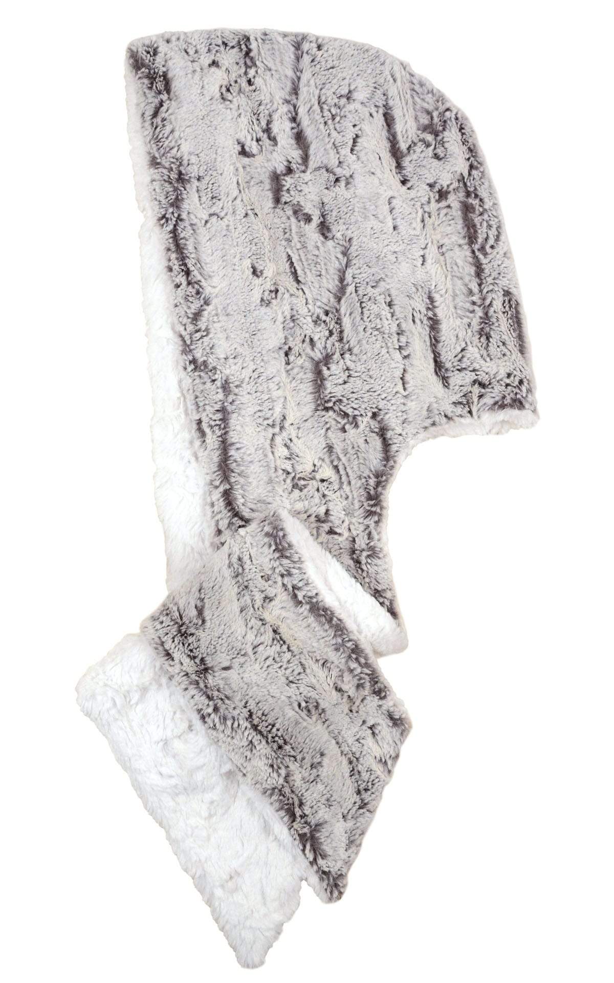 Product shot of Two-Tone Hooded Scarf | Khaki (tan/green and ivory)  faux fur with cuddly fur in Ivory Faux Fur | Handmade in Seattle WA | Pandemonium Millinery
