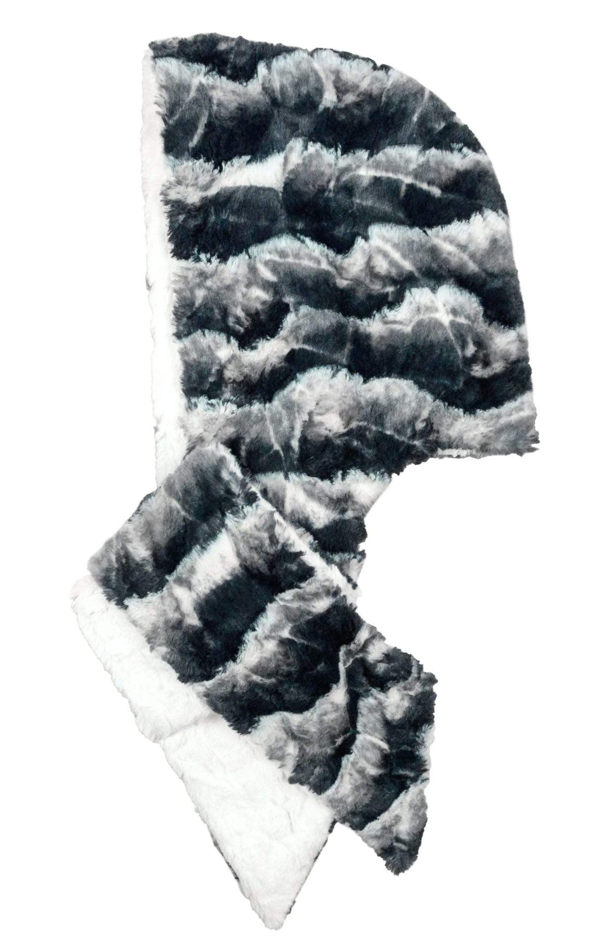 Women’s Two-Tone Hooded Scarf | Ocean Mist, blues, navy, and ivory with Ivory Cuddly Fur in Ivory Faux Fur | Handmade in Seattle WA | Pandemonium Millinery