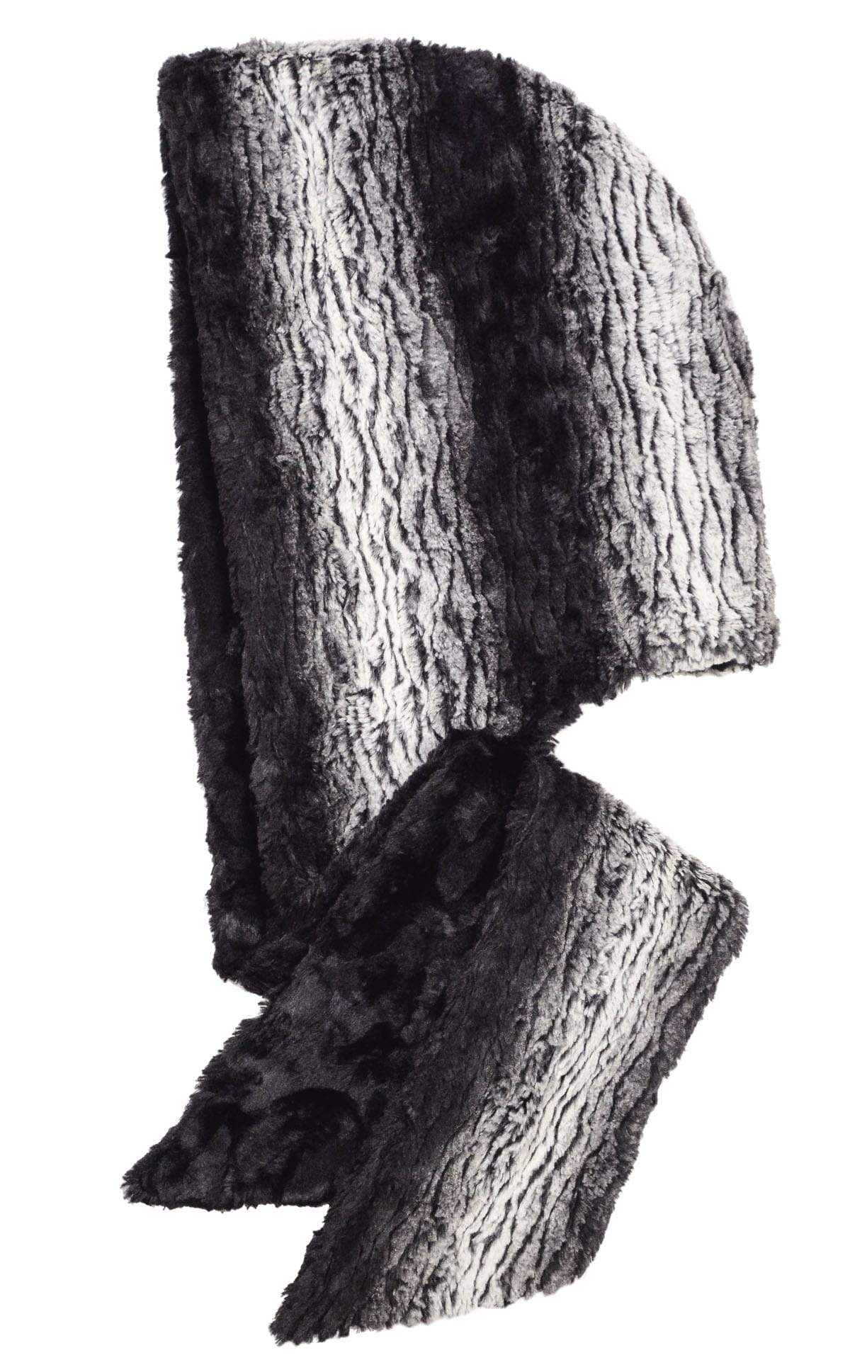 Unisex Two-Tone Hooded Scarf | Smoldering Sequoia a striped print of Blacks and Creams  with Cuddly Fur in Black Faux Fur | Handmade in Seattle WA | Pandemonium Millinery