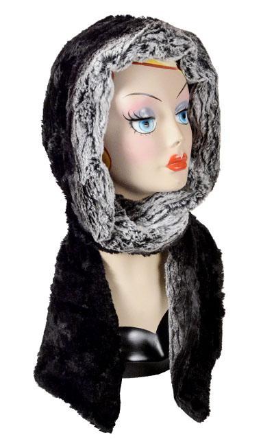 Unisex Two-Tone Hooded Scarf | Smoldering Sequoia a striped print of Blacks and Creams  with Cuddly Fur in Black Faux Fur, Shown in reverse | Handmade in Seattle WA | Pandemonium Millinery