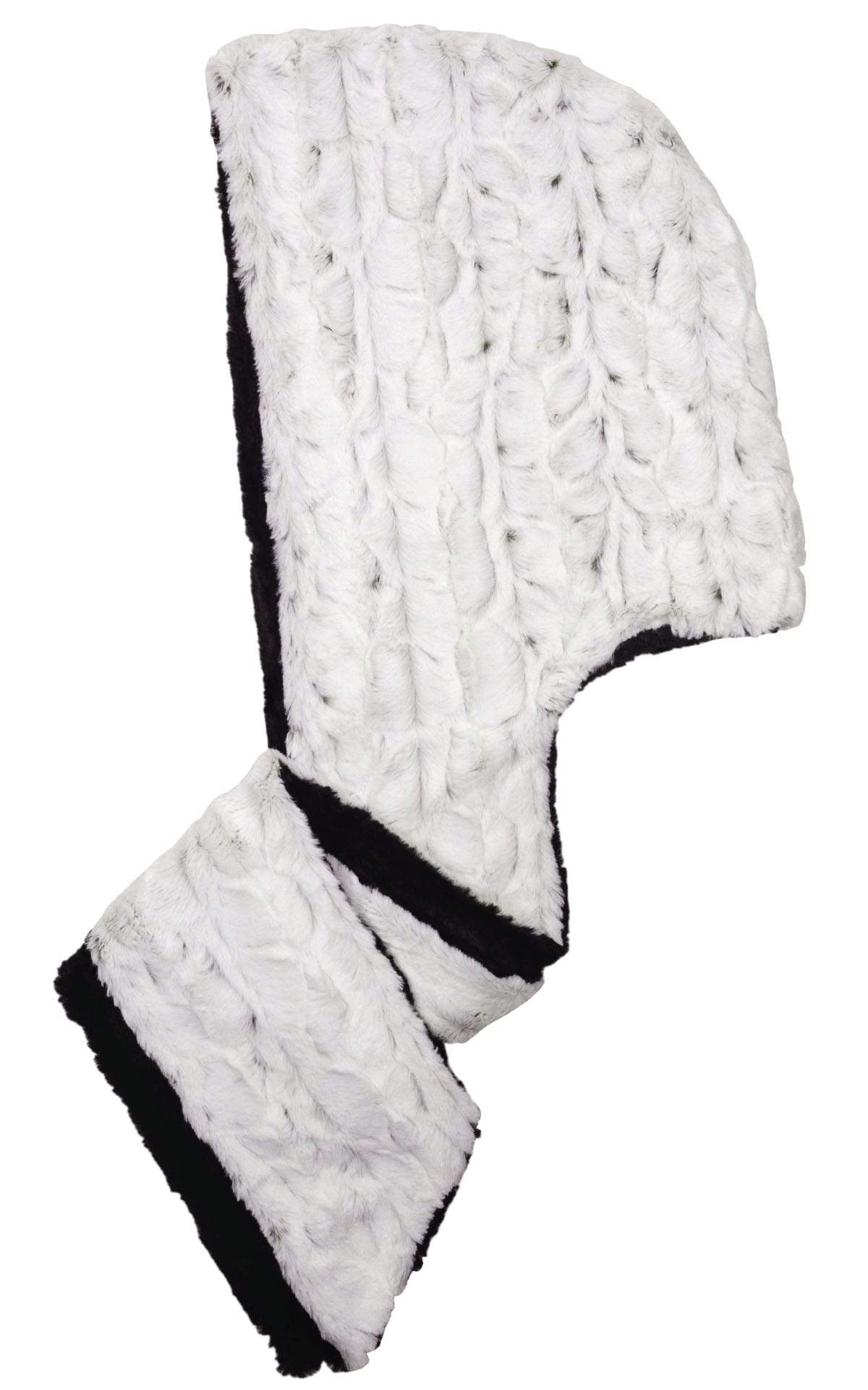 Women’s Two-Tone Hooded Scarf | Winter Frost, ivory with black speckles paired with Arctic Foz Faux Fur, shown in reverse | Handmade in Seattle WA | Pandemonium Millinery