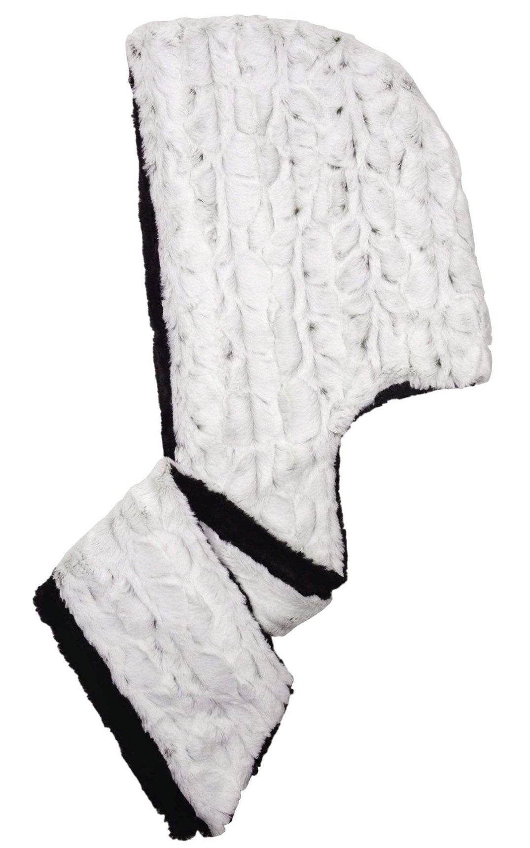 Women’s Two-Tone Hooded Scarf | Winter Frost, ivory with black speckles paired with Cuddly Faux Fur in Black | Handmade in Seattle WA | Pandemonium Millinery