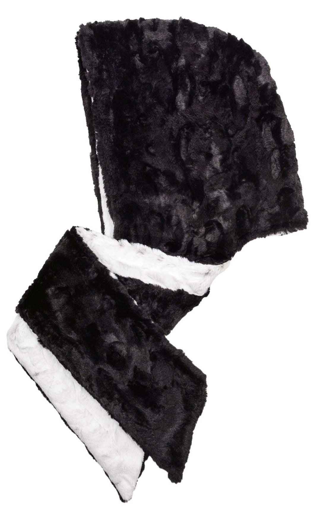 Women’s Two-Tone Hooded Scarf | Winter Frost, ivory with black speckles paired with Cuddly Faux Fur in Black, shown in reverse | Handmade in Seattle WA | Pandemonium Millinery