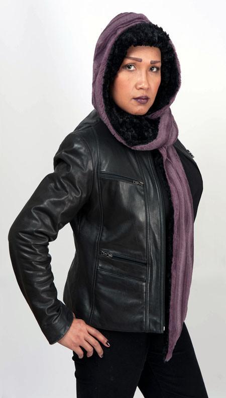 Model wearing Women’s Scarf with hood | Minky Mauve with cuddly Black Faux Fur | Handmade in Seattle WA | Pandemonium Millinery