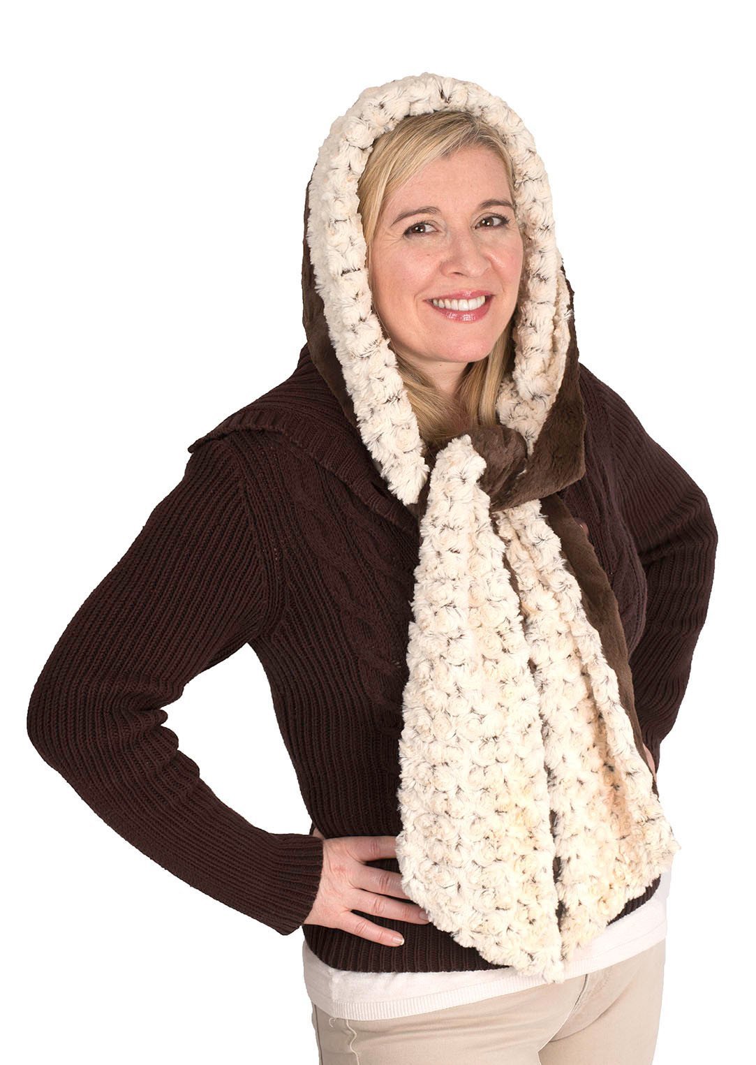 Hoody Scarf - Rosebud Faux Fur with Cuddly Fur Rosebud in Brown / Chocolate Scarves Pandemonium Millinery