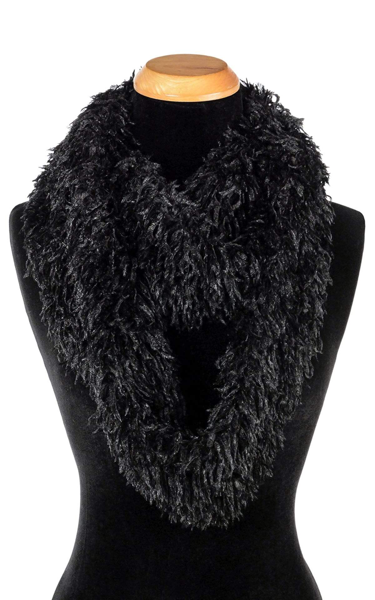 Product shot of Women’s Infinity Loop Scarf | Black Swan Faux Feather fabric | Handmade in Seattle WA | Pandemonium Millinery