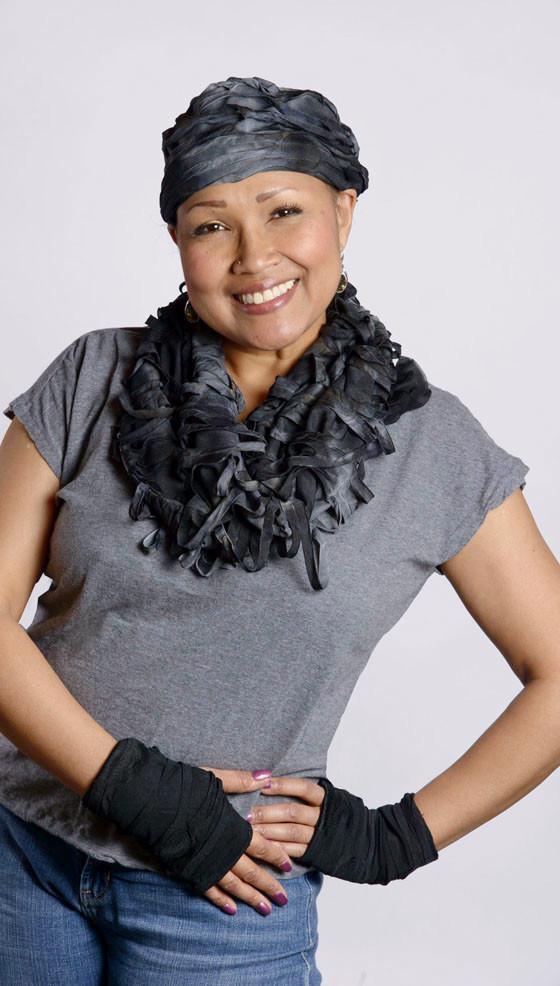 Model wearing Fingerless Gloves and Rowdie slouchy hat with matching Infinity loop Scarf in Andromeda on mannequin | tie-dye knit with a top layer of embossing and tendrils in black and grays| handmade in Seattle, WA USA by Pandemonium Millinery