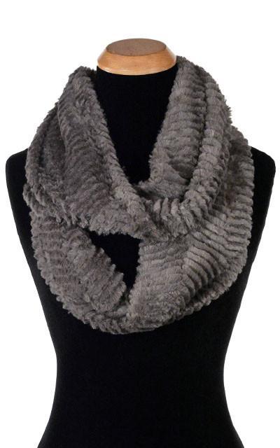 Product shot of Infinity Scarf on mannequin | Chevron in Charcoal Gray Faux Fur | Handmade in Seattle WA Pandemonium Millinery
