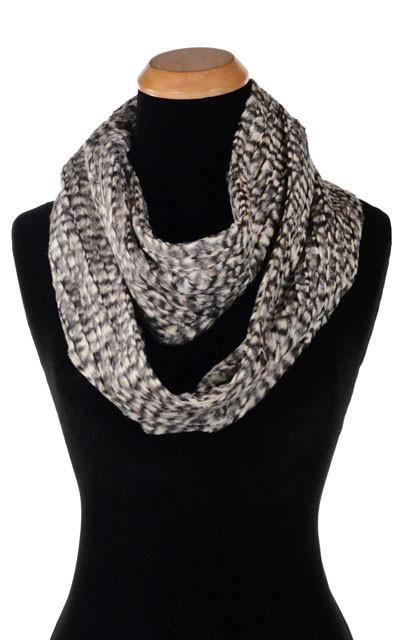 Women’s Infinity Loop Scarf on Mannequin | Cobblestone Faux Fur in Browns and creams, Handmade in Seattle WA | Pandemonium Millinery
