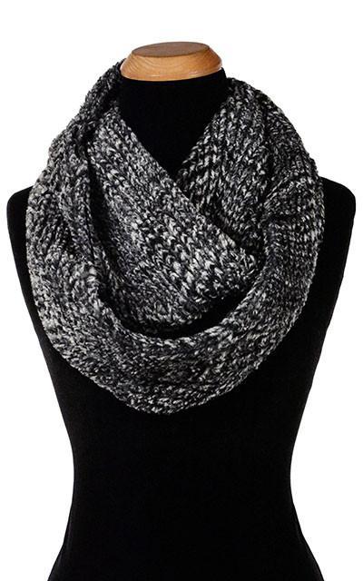Women's Infinity Scarf on Mannequin | Cozy Cable in Ash Faux Fur, Black and White  | Handmade in Seattle WA Pandemonium Millinery