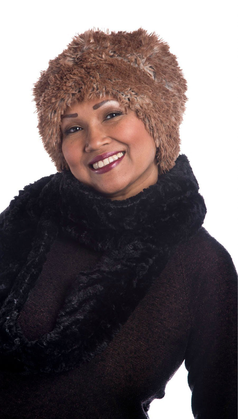 Model wearing Red Fox Beanie and Infinity Scarf   | Cuddly Faux Fur in Black | Handmade in Seattle WA Pandemonium Millinery