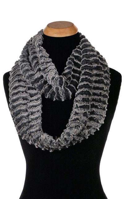 Women’s Infinity Loop Scarf | Desert Sand in Charcoal embossed faux fur with light and dark grays | Handmade in Seattle WA | Pandemonium Millinery