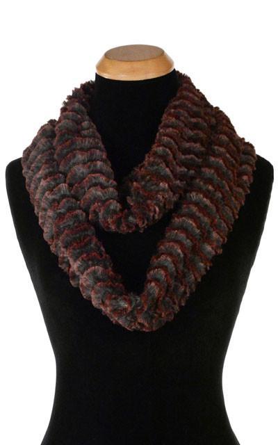 Women’s Infinity Loop Scarf | Desert Sand in Crimson embossed faux fur red and black | Handmade in Seattle WA | Pandemonium Millinery