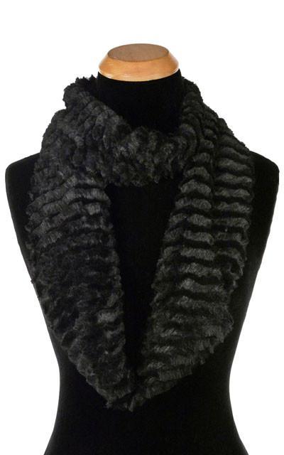 Women’s Infinity Loop Scarf | Desert Sand in Midnight embossed faux fur in  black | Handmade in Seattle WA | Pandemonium Millinery